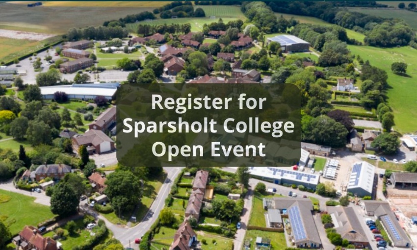 Image shows an aerial photo of Sparsholt College surrounded by fields and trees, with the text register for Sparsholt College open event